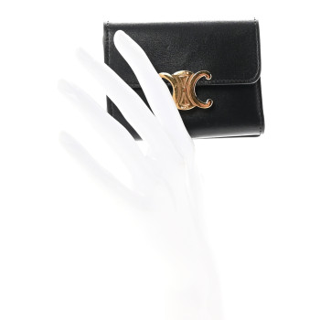 CELINE Shiny Calfskin Compact Triomphe Wallet With Coin Purse Black