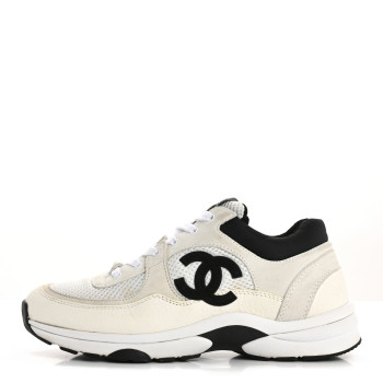 CHANEL Mesh Suede Calfskin Grained Calfskin Womens CC Sneakers 38 White Black