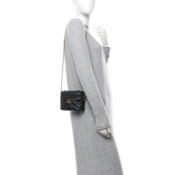 GUCCI Calfskin Matelasse Chevron Mini GG Marmont Top Handle Bag Black