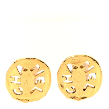 CHANEL Metal Logo Round Clip On Earrings Gold