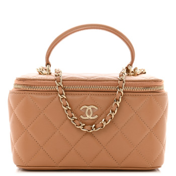 CHANEL Lambskin Quilted Small Top Handle Vanity Case With Chain Beige