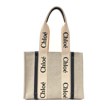 CHLOE Linen Calfskin Medium Woody Ribbon Tote White Blue