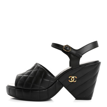 CHANEL Lambskin Quilted Peep Toe Wedge Sandals 40 Black