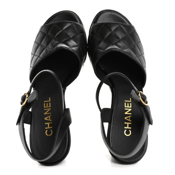 CHANEL Lambskin Quilted Peep Toe Wedge Sandals 40 Black