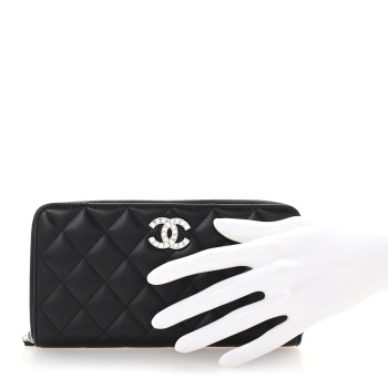 CHANEL Lambskin Quilted Baguette Crystal Large Gusset Zip Around Wallet Black