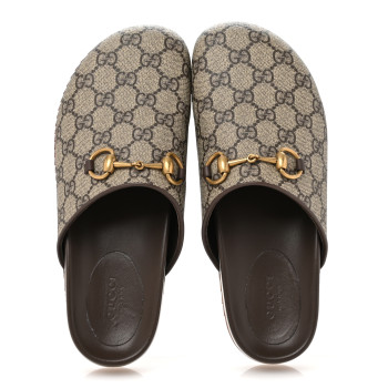 GUCCI GG Supreme Monogram Miro Soft Calfskin Womens Horsebit Slippers 37.5 Beige Ebony New Acero