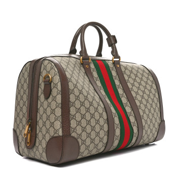 GUCCI GG Supreme Monogram Textured Dollar Calfskin Web Medium Savoy Duffle Bag Beige Ebony New Acero