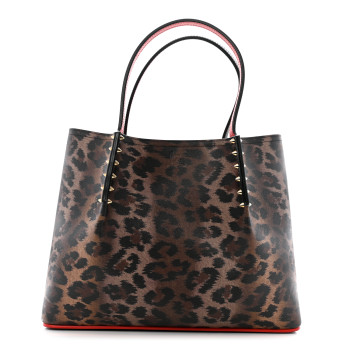 CHRISTIAN LOUBOUTIN Calfskin Empire Leopard Print Spiked Small Cabarock Shopper Tote Brown