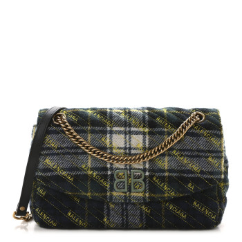 BALENCIAGA Wool Plaid Diagonal Allover Logo Matelasse M BB Round Shoulder Bag Green Blue Yellow