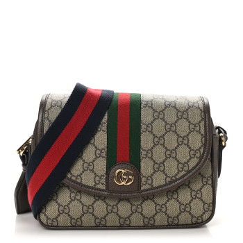 GUCCI GG Supreme Monogram Textured Dollar Calfskin Web Studded Mini Ophidia Flap Shoulder Bag Beige Ebony New Acero