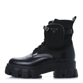 PRADA Spazzolato Rois Re-Nylon Metal Triangle Logo Monolith Pouch Pocket 55mm Boots 41 Black