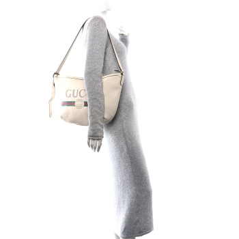 GUCCI Grained Calfskin Logo Half Moon Hobo White