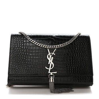 SAINT LAURENT Calfskin Crocodile Embossed Medium Classic Monogram Kate Tassel Satchel Black