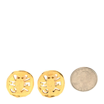 CHANEL Metal Logo Round Clip On Earrings Gold