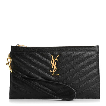 SAINT LAURENT Grain De Poudre Chevron Monogram Large Bill Pouch Black