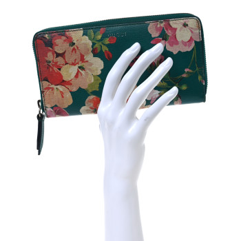 GUCCI Calfskin Blooms Print Zip Around Wallet Bright Emerald Multicolor