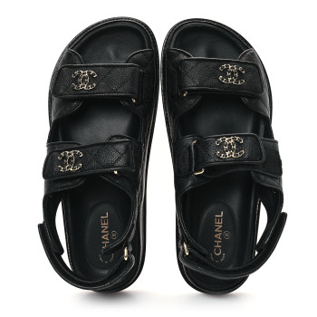 CHANEL Grained Calfskin Velcro Dad Sandals 37 Black