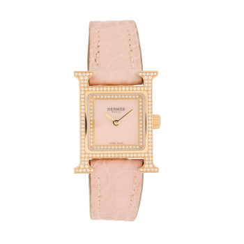 HERMES 18K Rose Gold Alligator Diamond Bezel Rose Opal 17.2mm Heure H Hour Quartz Watch Rose Pale