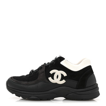 CHANEL Mesh Suede Grained Calfskin Womens CC Sneakers 36 Black White