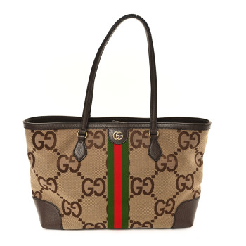 GUCCI Monogram Jumbo GG Textured Dollar Calfskin Web Medium Ophidia Shopping Tote Camel Ebony