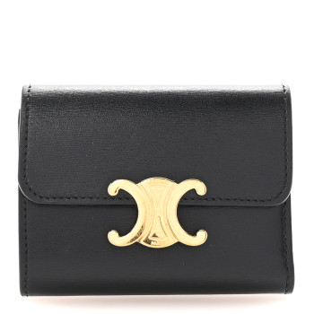 CELINE Shiny Calfskin Compact Triomphe Wallet With Coin Purse Black