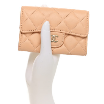 CHANEL Lambskin Quilted Flap Card Holder Wallet Beige