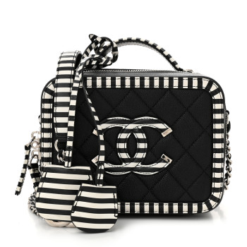 CHANEL Caviar Quilted Striped Small CC Filigree Vanity Case Black White