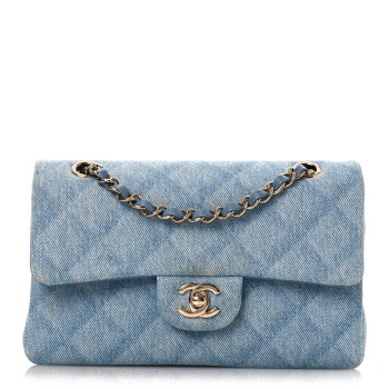 CHANEL Printed Denim Quilted Mini Rectangular Flap Light Blue