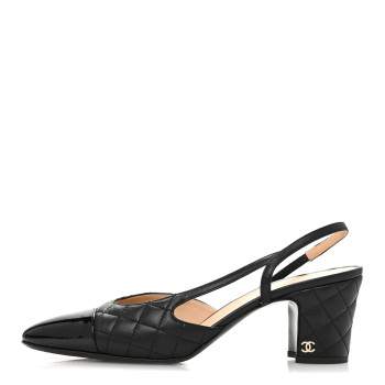 CHANEL Lambskin Patent Calfskin Quilted Cap Toe CC Slingback Pumps 40 Black