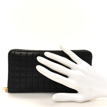 CELINE Lambskin Quilted Large C Charm Zip Around Wallet Black