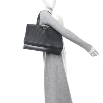CHANEL Calfskin Chevron Quilted Boy Shopping Tote Grey