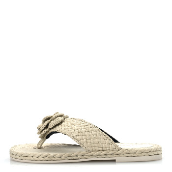 CHANEL Raffia Camellia Flower Thong Sandals 38.5 Ivory