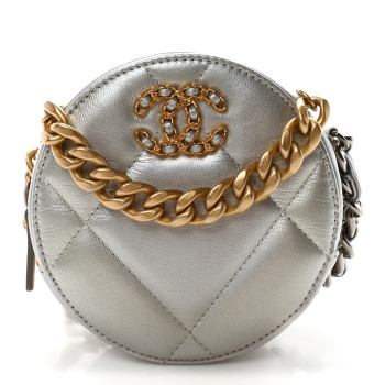 CHANEL Metallic Lambskin Quilted Chanel 19 Round Clutch With Chain Silver