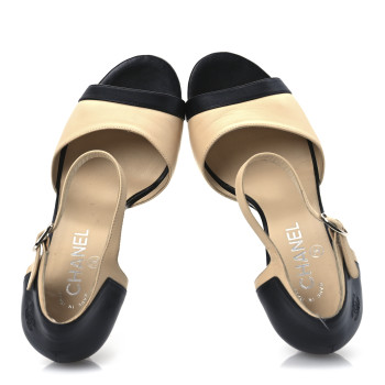 CHANEL Lambskin Peep Toe Sandals 39 Beige Black
