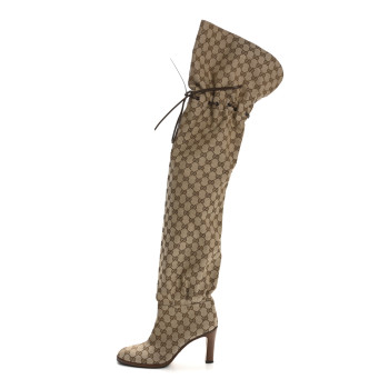 GUCCI Monogram Over the Knee Boots 39.5 Beige Ebony