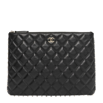 CHANEL Calfskin Quilted Pearl Medium Cosmetic Case Black