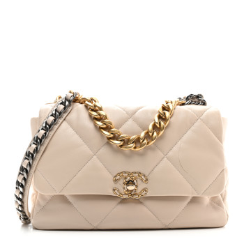 CHANEL Goatskin Quilted Large Chanel 19 Flap Beige