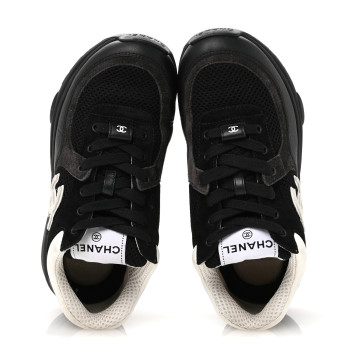 CHANEL Mesh Suede Grained Calfskin Womens CC Sneakers 36 Black White