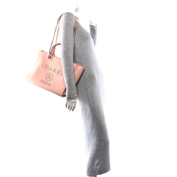 CHANEL Caviar Small Studded Deauville Tote Light Pink