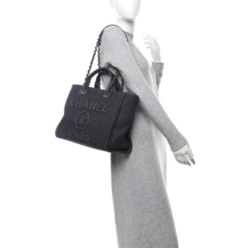 CHANEL Mixed Fibers Striped Small Deauville Navy Blue White