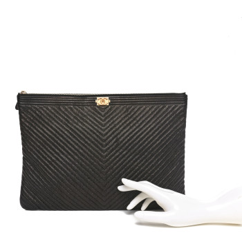 CHANEL Caviar Chevron Boy Zip Pouch Black