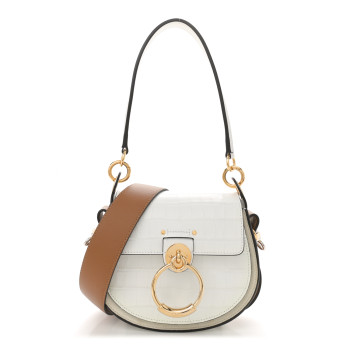 CHLOE Calfskin Crocodile Embossed Small Tess Bag Brilliant White