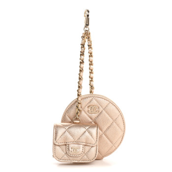 CHANEL Metallic Lambskin Quilted Round Clip On Coin Purse Airpods Case Gold