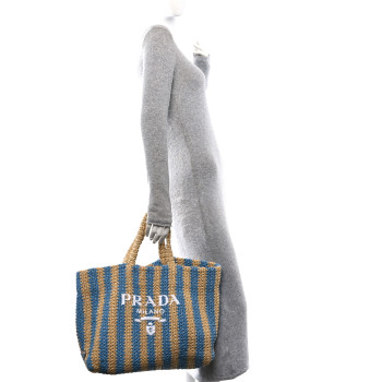 PRADA Yarn Raffia Effect Crochet Striped Large Logo Tote Naturale Celeste