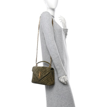 SAINT LAURENT Suede Matelasse Chevron Monogram Medium College Bag Loden Green