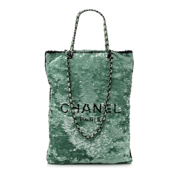 CHANEL Sequin Logo Shopping Tote Green Black