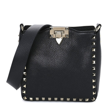 VALENTINO GARAVANI Pebbled Calfskin Mini Rockstud Flip-Lock Messenger Bag Black
