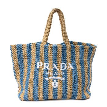 PRADA Yarn Raffia Effect Crochet Striped Large Logo Tote Naturale Celeste