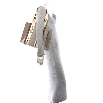 CHLOE Linen Calfskin Medium Woody Ribbon Tote White Brown