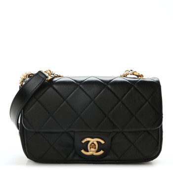 CHANEL Calfskin Quilted Mini Rectangular Crystal Pearls Chain Flap Black